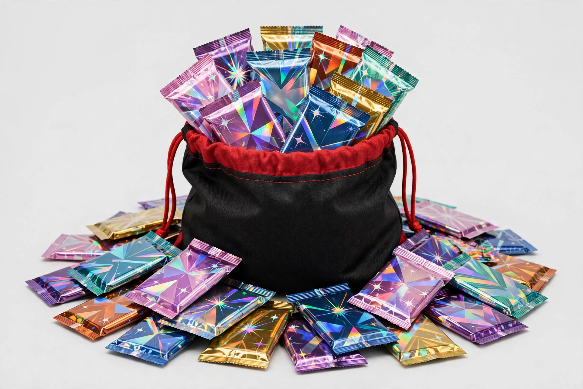 Illustration of the Presstine Extreme Value Surprise Bag — a black and red drawstring bag with sealed holographic booster packs (illustrative; actual packs vary)