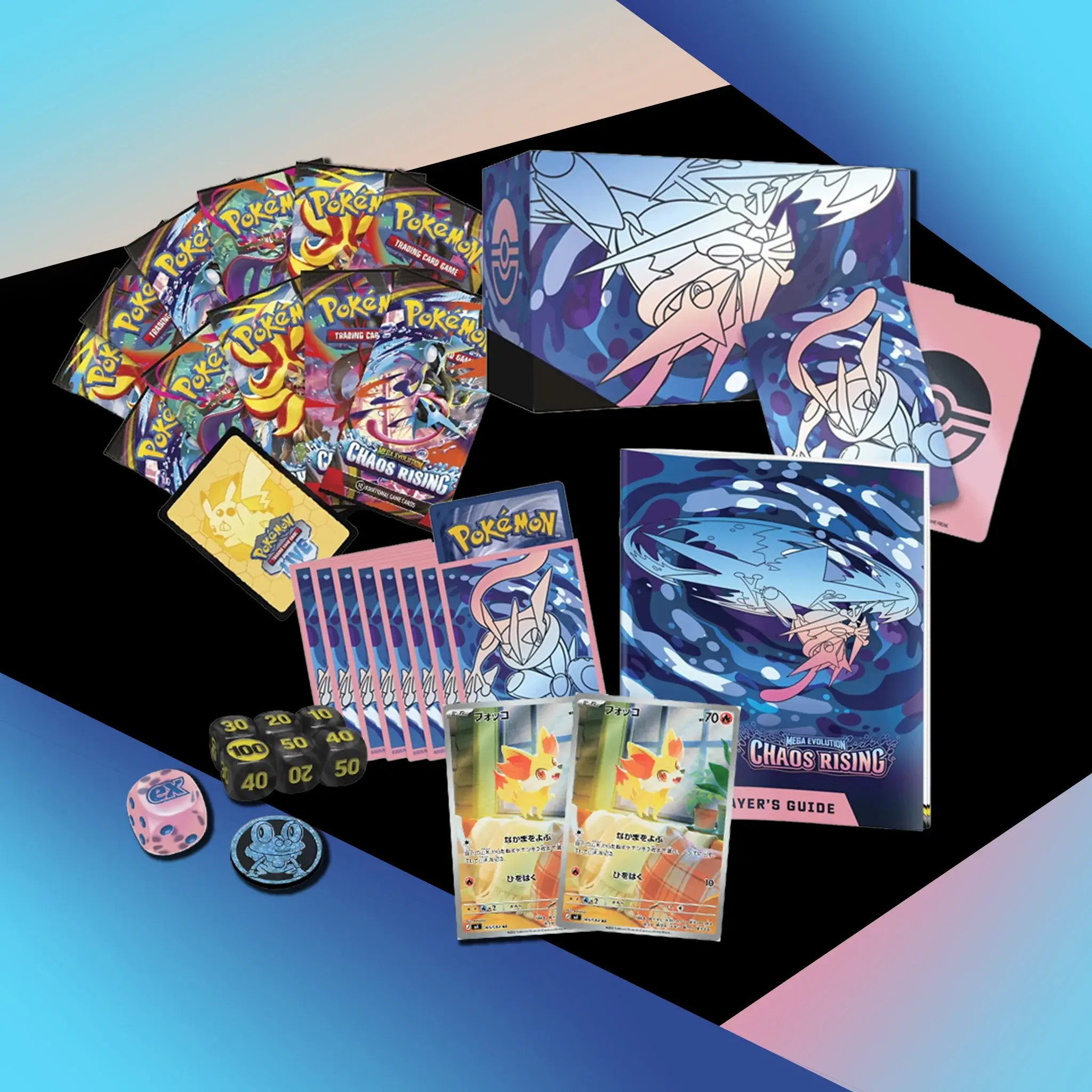 Pokémon TCG Mega Evolution Chaos Rising Elite Trainer Box contents with Fennekin promo card, booster packs and sleeves