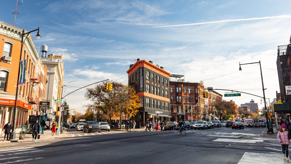 A Brooklyn street corner with brick storefronts and a crosswalk