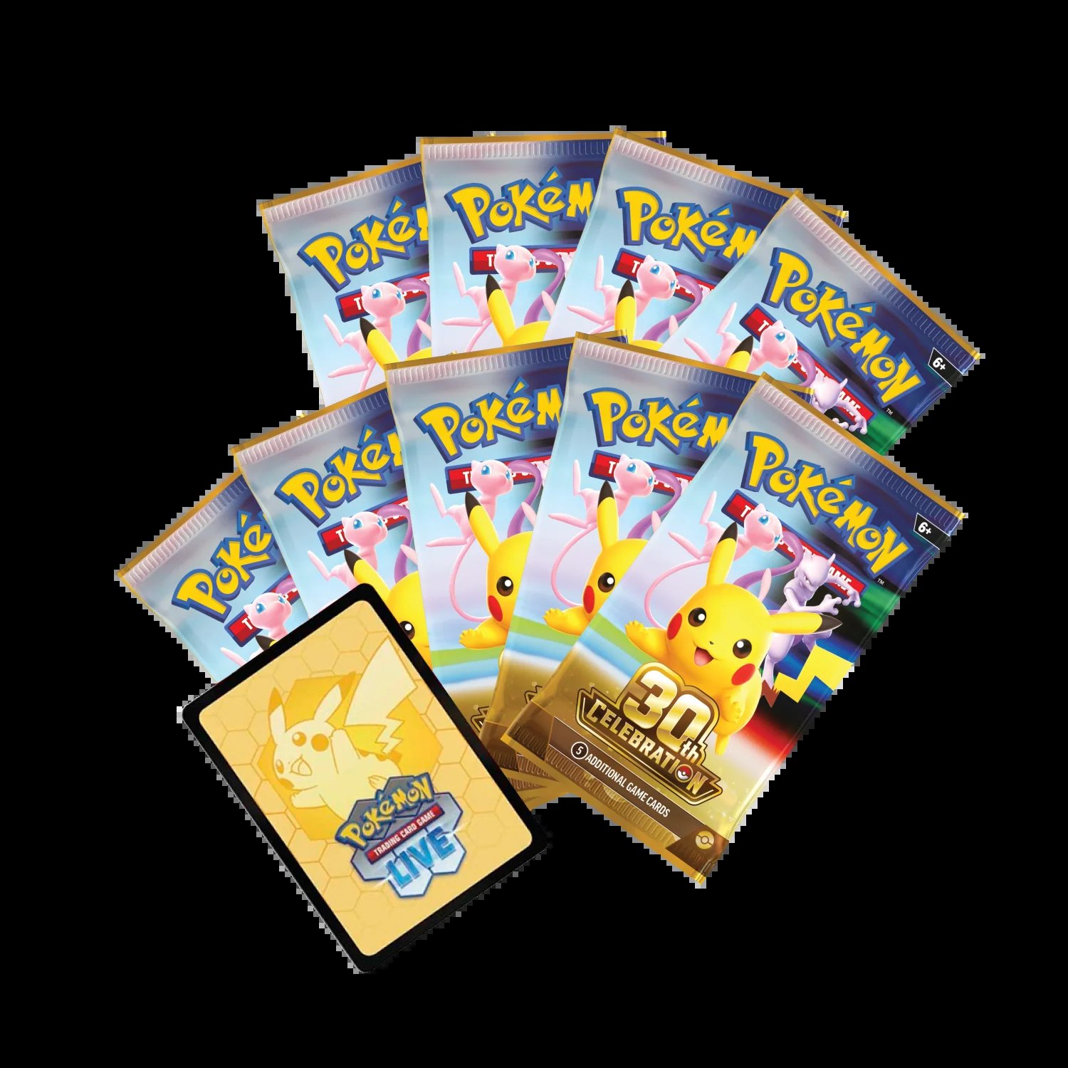 Eight Pokémon 30th Celebration booster packs fanned out showing Pikachu and Mew pack art