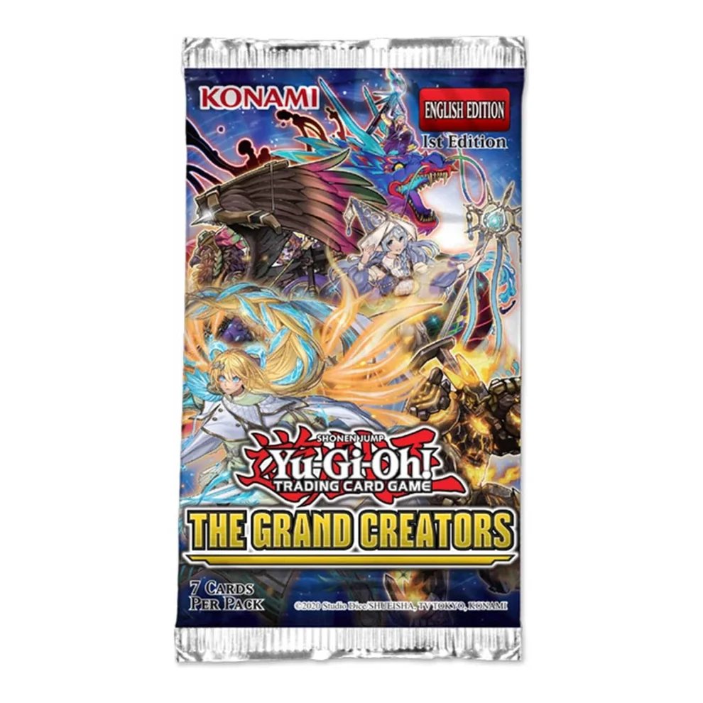 Yu-Gi-Oh! The Grand Creators 1st Edition English booster pack showing the set's cover monsters