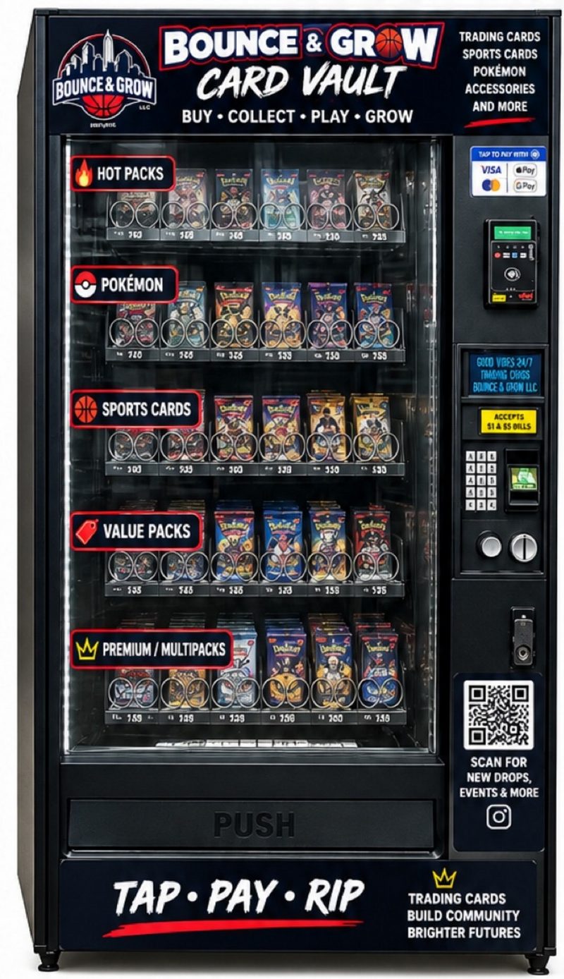 Bounce & Grow Card Vault trading-card vending machine stocked with sealed packs
